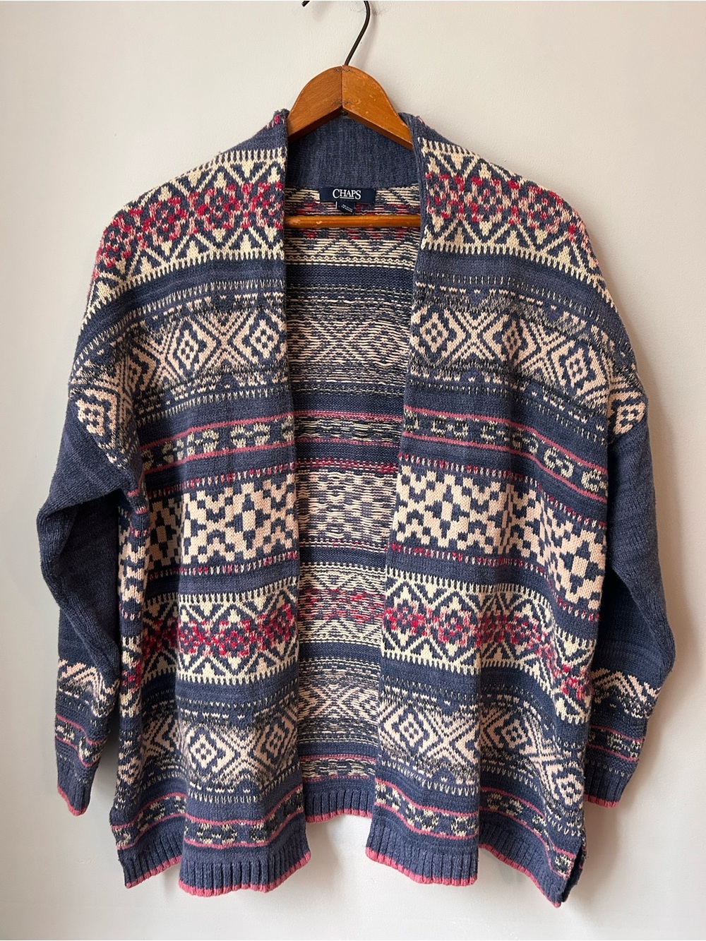 Chaps Womans Medium Open Cardigan Blue Southwest Western Boho Geometric Print